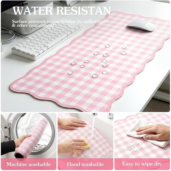 Scalloped Gingham Pink Desk Mat,Large Cute Desk Pad for Keyboard Mouse,Girly Mouse Pad for Desktop Office