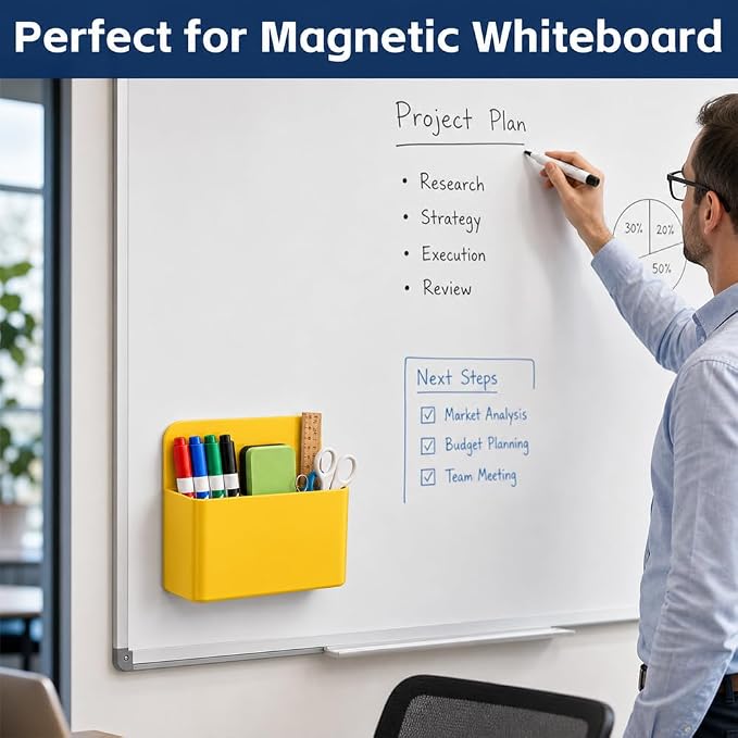 Magnetic Pencil Pen Holder, 2PCS Dry Erase Marker Holder for Whiteboard, Yellow Magnet Storage Pencil Cup Case Box Fridge Organizers Locker Accessories for Office School Classroom Teacher Must Haves