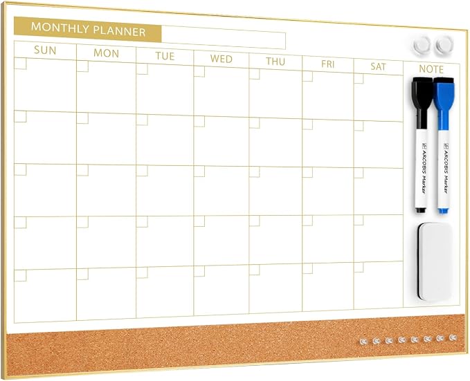 Dry Erase Calendar with Cork Board for Wall | 11.6"x 15.7" Magnetic Calendar Whiteboard with Gold Frame, Monthly Combination Board for School, Home, Office