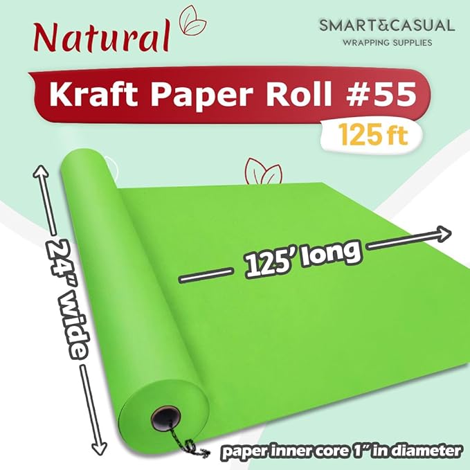 SMART&CASUAL 24" x 1,500" (125') Medium Green Kraft Craft Paper Roll for Gift Wrapping Bulletin Board Bouquet Flower Kids Art Packing Parcel Table Covering 80GSM 55LB (Medium Green, 24" x 125')