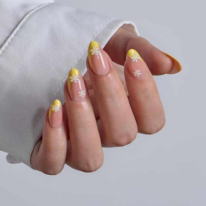 BTArtbox French Tip Press On Nails - Lamp-Curable Short Almond Press On Nails with Glue for Women, Semi-Transparent Soft Gel Glue On Nails in 16 Sizes - 32 Stick On Nails Kit, Daisy