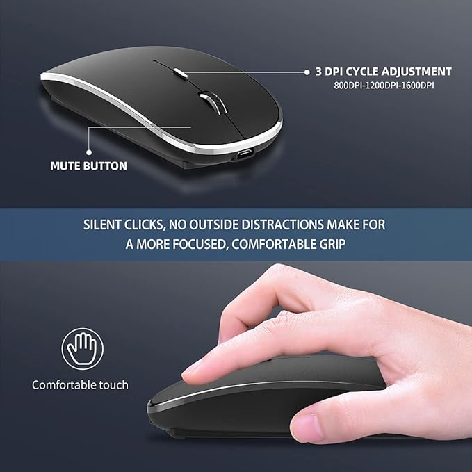 Wireless Mouse Chargeable Portable Silent USB-A and Type-C Dual Mode Wireless Mouse 3 Adjustable DPI for Laptop, Mac, Android, PC (Q23S Black) (Black)