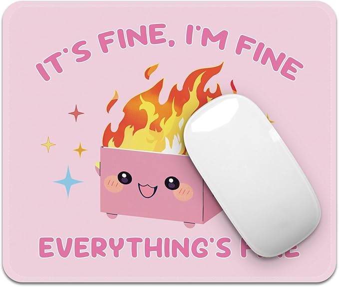 Mouse Pad with Stitched Edges - Funny Mousepad for Women, 9.25 x 7.75 inch Washable Square Desk Pad, Non-Slip Rubber Base, Office Home Laptop Accessories - Pink Box on Fire