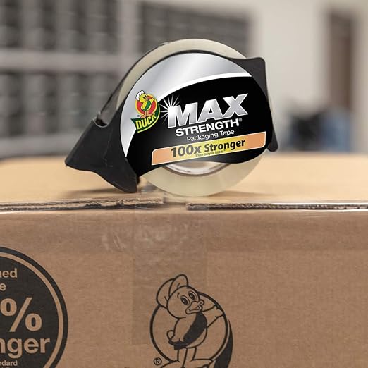 Duck Max Strength Clear Packing Tape with Refillable Dispenser – 2 Rolls of Maximum Strength Heavy Duty Packaging Tape for Shipping & Moving Boxes - 1.88 Inch x 54.6 Yards - Clear (284986)