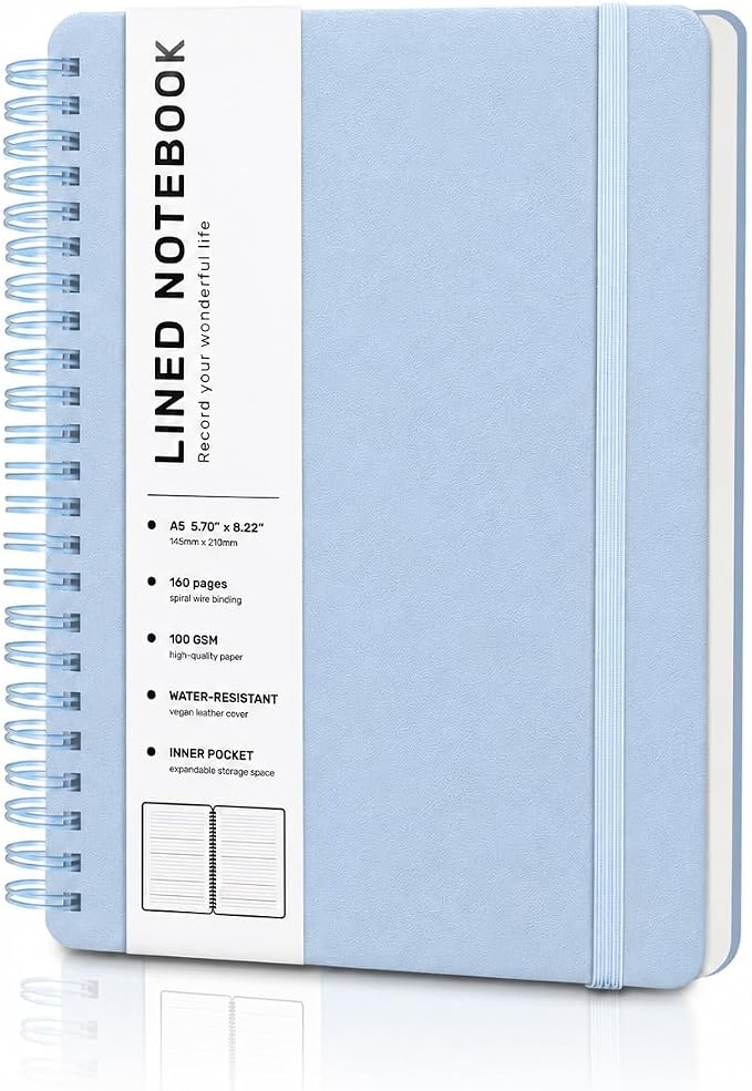 Lined Spiral Notebook for Women, A5 College Ruled Leather Spiral Journals | 160 Pages Small Journaling Notebooks, 5.7"x11" Note Book for Writing, Work, School, Men, Hardcover Leather Journals, Sky Blue