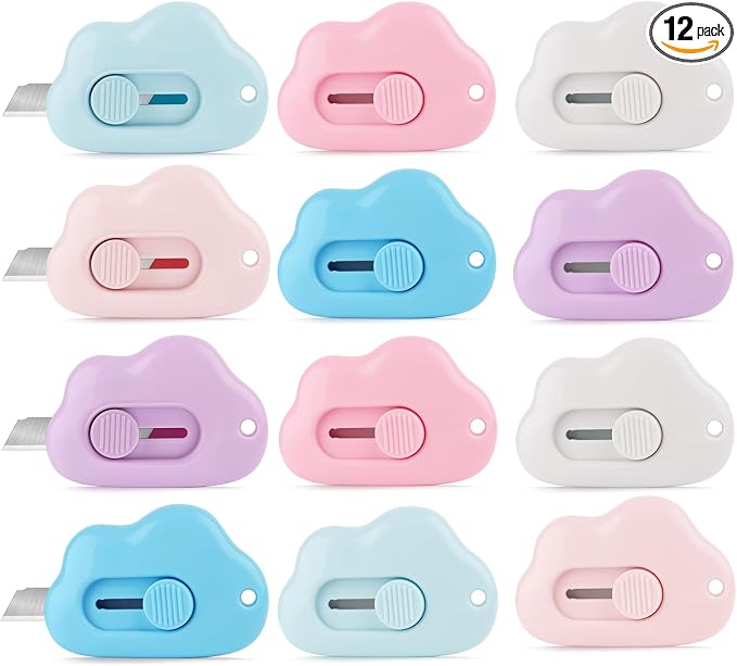 12 Pack Mini Cloud Box Cutter - Mail Opener Envelope Cutter for Office | Cloud package cutter, retractable mail opener, envelope slicer, compact size, perfect for office daily use, 12 pack