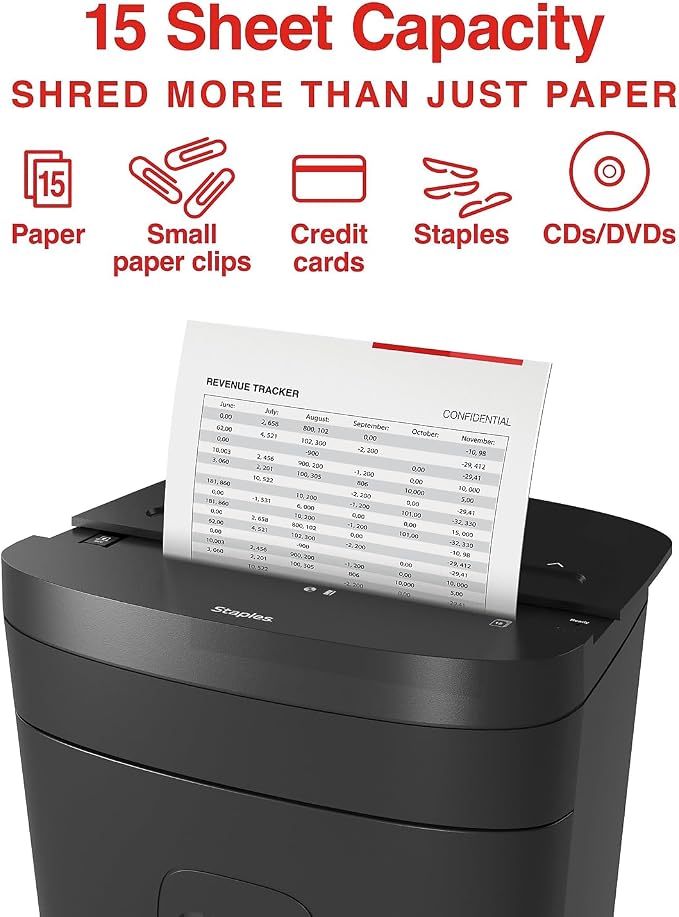 Staples 15-Sheet Cross-Cut Paper Shredder, P-4 Security, Black | Quiet 65 dB operation shreds paper, cards, and CDs. 5-gallon bin, auto start/stop.