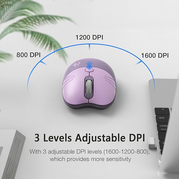 Cute Cat Wireless Mouse, 2.4GHz Wireless Silent Mouse, USB Receiver Plug and Play, 3 Adjustable DPI, Compatible with Notebook, PC, Laptop, Computer- Purple Colorful