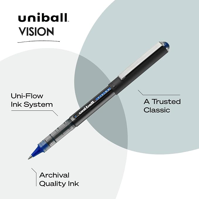 Uniball Vision Rollerball Pen - 12 Count, Blue Pens, 0.5mm Micro Tip Size - Smooth Writing Japanese Pens, School Supplies (Pack of 12)