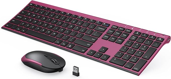 Vssoplor Wireless Keyboard and Mouse, Rechargeable Ultra Slim, Wine Red | Quiet Full-Size Keyboard and Mouse Combo Set, for Laptop, PC, Notebook, Desktop, 2.4GHz Stable Connection, Ideal for Office