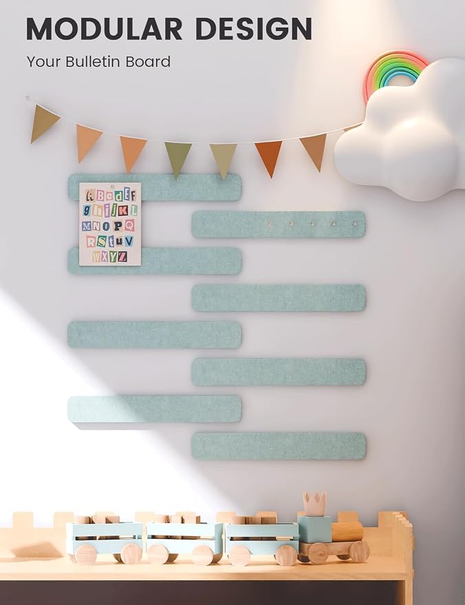 Fluxynara 13" x 2" Felt Wall Panels, Teal Blue | 8-Pack Includes 50 Push Pins and Adhesive Tabs for Photos, Notes and Decor in Bedroom Doors, Home Office or Studios