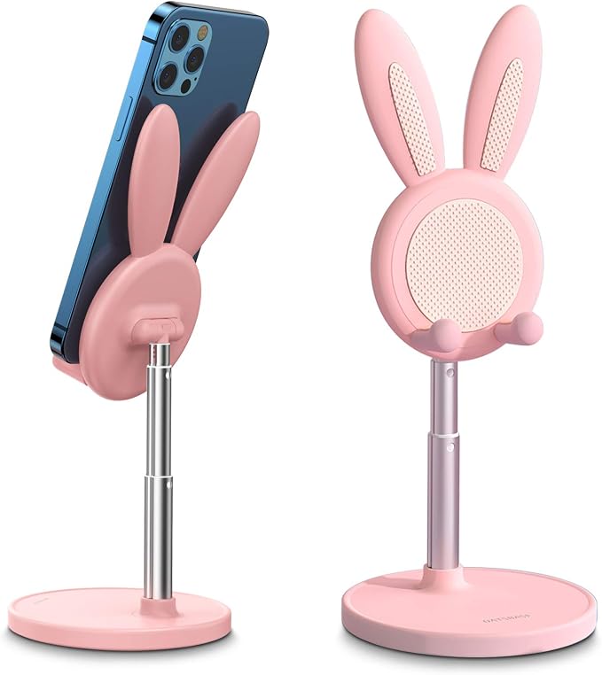 OATSBASF Cute Bunny Phone Stand Adjustable Pink Phone Holder for Phones | Weighted Base Kawaii Desk Accessories, Aesthetic Room Decor Gift for Women/Girls/Kids, Compatible with All Phones