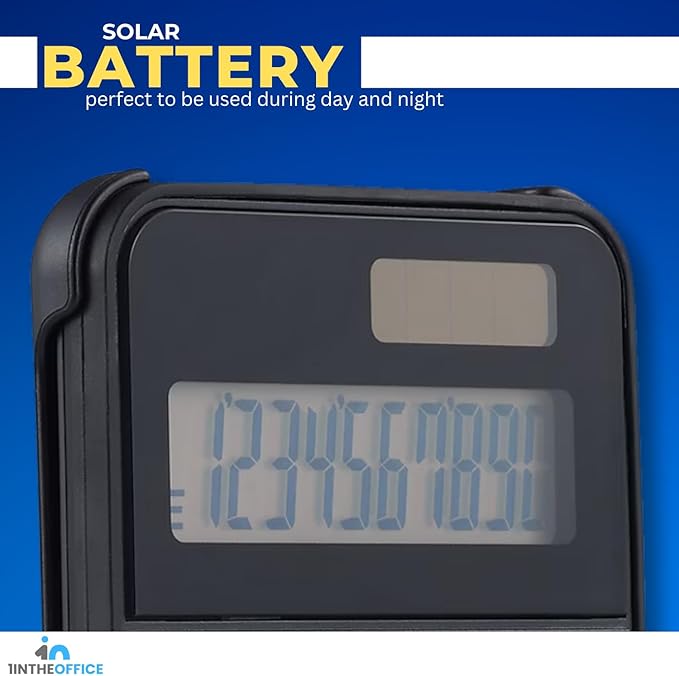 1InTheOffice 10 Digit Pocket Calculator, Dual Powered Handheld (Solar and Battery), Black, 1 Pack