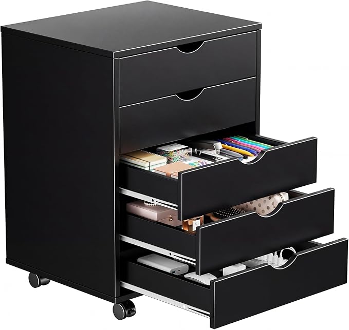 5 Drawer Mobile File Cabinet, Printer Stand with Wheels | Wood Under Desk Storage Cabinet, Rolling Printer Cart, Vertical Filing Chest for Small Space, Home Office, Living Room, Black