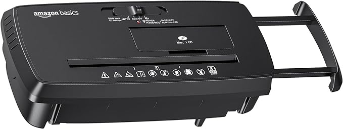 Amazon Basics 8-Sheet Strip Cut Portable Paper, CD, and Credit Card Shredder with Auto-Off, Overheat Protection, Compact Design, No Basket, Extendable Arm, Black