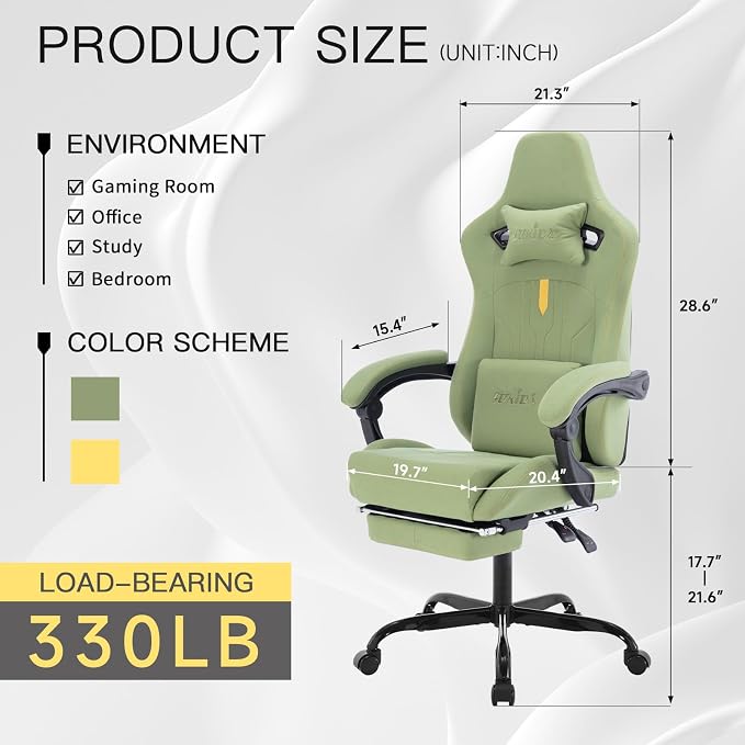 Gaming Chair with Footrest Ergonomic Computer Chair Massage Lumbar Cushion, Racing Video Game Chair Adjustable Rocker Recliner Executive Office Desk Chair Pu Leather for Adults, Green