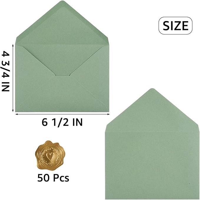 50 Pieces Sage Green A6 Envelopes for 4x6 Cards, 6 1/2 x 4 3/4 Inches | For 4 x 6 Greeting Cards, Wedding Invitation Cards, Birthday Party Invitations