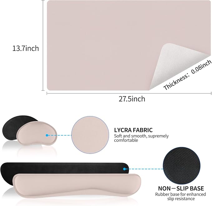 Desk Mat Set， Wrist Rest for Computer Keyboard, 3-in-1 Large Mouse Pad and Keyboard Wrist Rest Set, Non-Slip Desk Mat Protector for Office, Home(27.5×13.8 Inches, CreamPI)