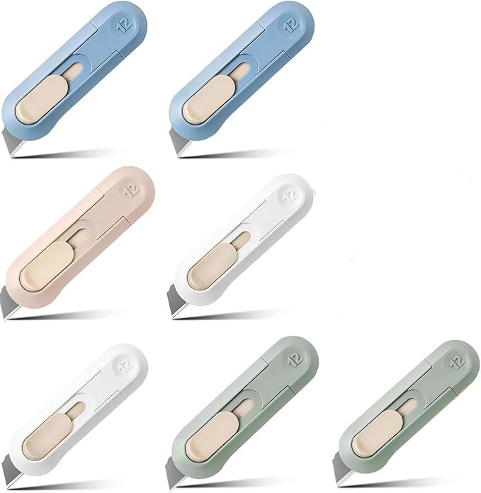 7pcs Utility Knife ，SK5 Retractable Blade Duty Box Cutter Letter Opener, Razor Sharp Cartons Cardboard Cutter Knife Perfect for Paper, Sewing, Craft, Home and Office, Blue,green,pink,white(7pcs)