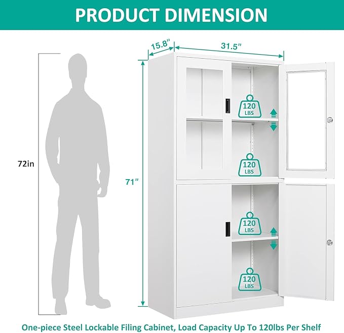 Storage Cabinet with Glass Doors and Shelves, Freestanding Kitchen Pantry Cabinet for Home, Office, Bathroom