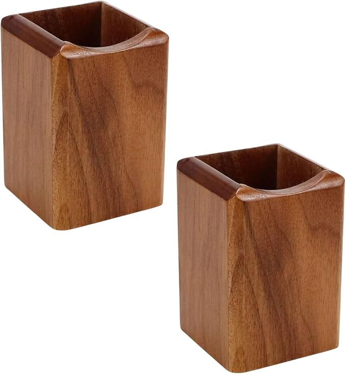 Wooden Pen Holder for Desk, 2 Pack Natural Wood Pencil Cup Holder – Office Desk Accessories Organizer, Makeup Brush Holder, Kids Crayon Marker Caddy, Eco-Friendly (2 Pack Walnut Color)