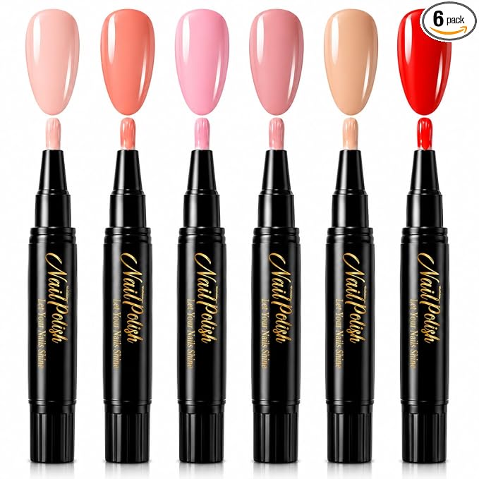 Nail Polish Pens 6 Colors, Quick Dry Water Based Nail Polish Set | Nail Polish Pens Quick Dry No UV Light Needed, Fast 60s Drying for Travel Office & Date, Basic Tones, 6 Pc