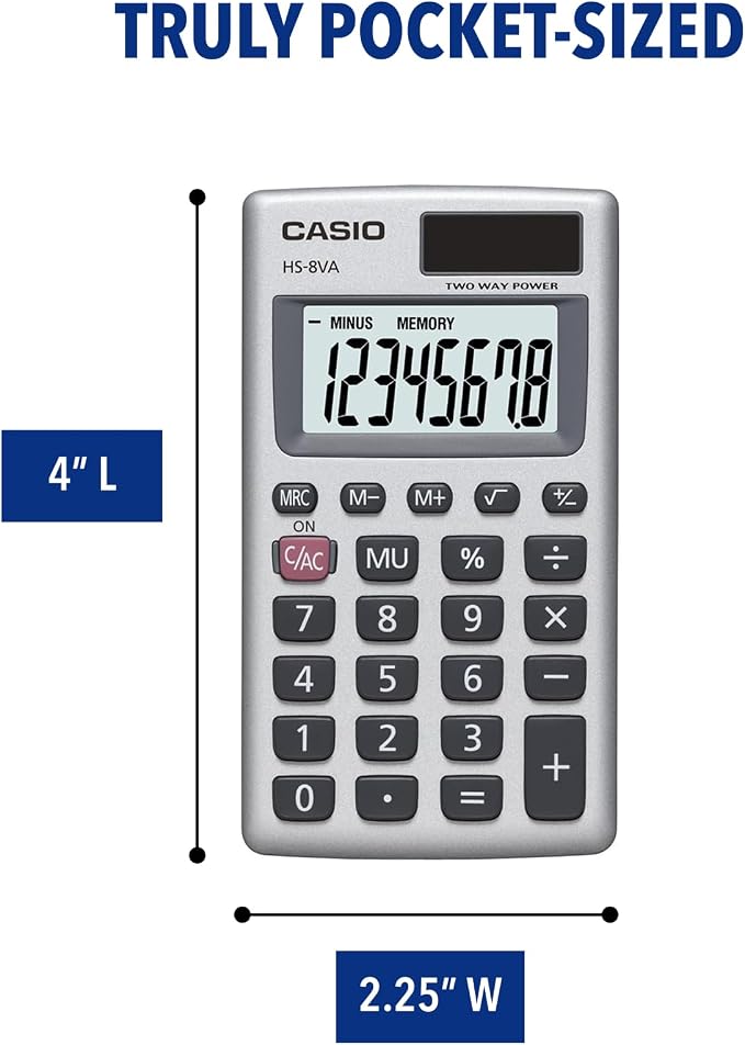 Casio HS-8VA Mini 6-Function Calculator | Large 8-digit LCD, solar with battery backup, portable pocket size standard function