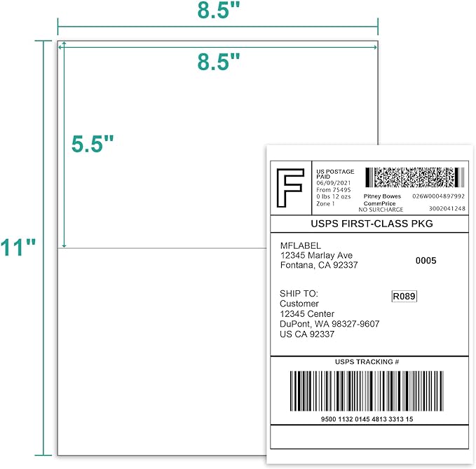 MFLABEL Half Sheet Shipping Labels - 1000 Sheets (2000 Labels) 8.5" x 5.5" Self-Adhesive Address Labels for Laser & Inkjet Printers, Packaging Labels for Shipping Includes Free Fragile Stickers