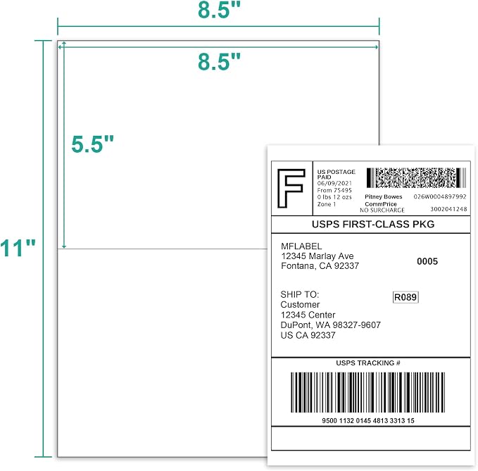 MFLABEL Half Sheet Shipping Labels (8.5" x 11") - 300 Self-Adhesive Labels for Laser/Inkjet Printers | 2-UP Design for FedEx, UPS, Amazon FBA | Matte Finish No-Jam Labels + 12 Free Fragile Stickers