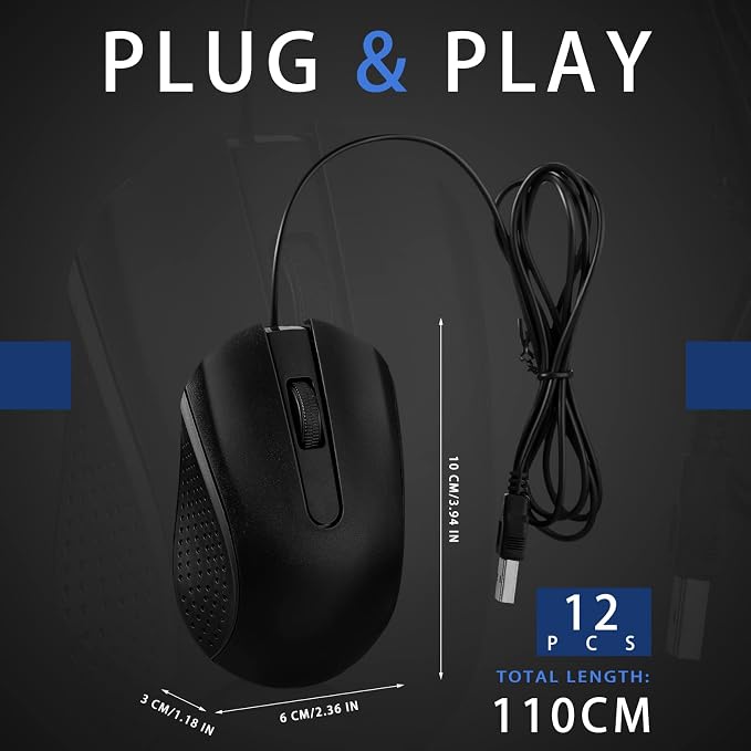 Hoteam 12 Pcs Wired Computer Mouse Bulk Cord USB Computer Mice Ergonomic Wired Mouse for Pcs, Computers, Laptops, Gaming Office Home Supplies(Black)