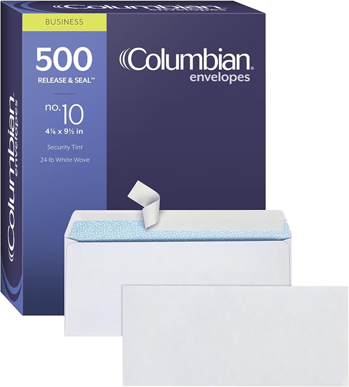 Columbian #10 Security Envelopes, 500 Pack, Self Seal Envelopes for Home, School, and Business Mailings, No Window, 4-1/8 x 9-1/2 Inches, Durable 24 lb White Paper