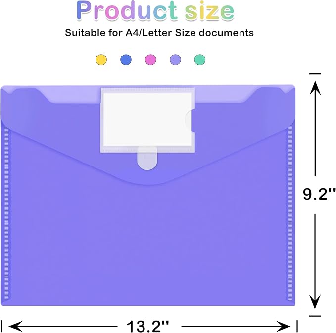10 Pack Plastic Envelopes File Folders, Plastic Filing Folders A4 Pouch | Safe Closure, Colored Folder for Documents Letter A4 Size with Label Pocket, Office Teacher School Supplies Storage