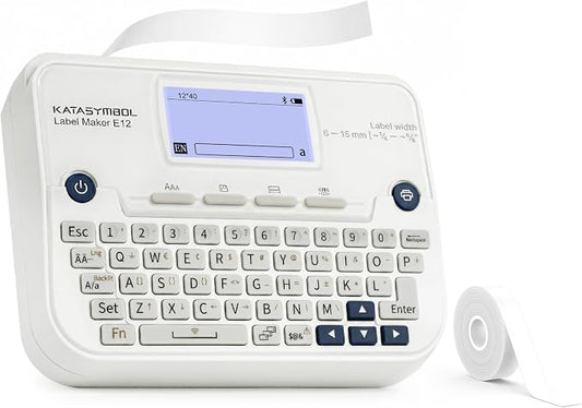 SUPVAN E12 Keyboard & Bluetooth Label Maker Machine, White | Rechargeable, LCD Backlit Display, App with 30+ Fonts & 660+ Icons, Minimal Margin, Inkless, for School, Office, Home