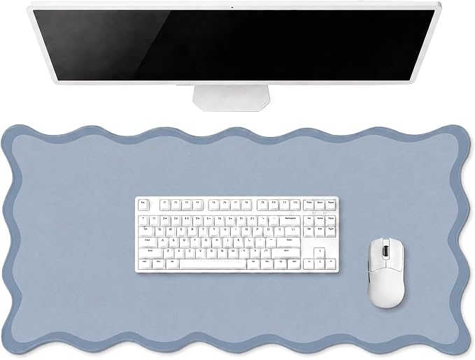 Hahafelt Scalloped Desk Mat Waterproof,Dusty Blue,31.5 X 15.8 Inches | Coquette Preppy Style for School Office Makeup Vanity, Nonslip Gaming Desktop Protector with Scalloped Stitched Edge Mat
