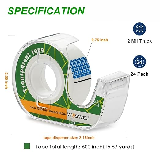 WOSWEL Tape Refills with Dispenser, 24 Roll Transparent Tapes, 3/4 Inch X 600 in, Gift Wrapping Tapes Supplier for Home School Office Use