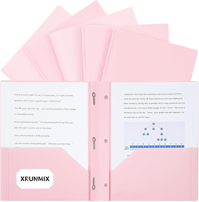 Two-Pocket-Folders with 3 Prongs, Letter Size Plastic Folders with Pockets and Prongs, Poly Plastic Folders for Office & School. 6 Pastel Colors (Pink - 6 Packs)