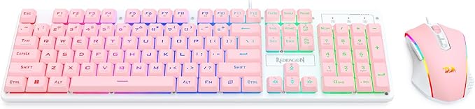 Redragon Updated S107WP Gaming Keyboard and Mouse, RGB Gaming Keyboard and 10000 DPI Mouse Combo with 25-Key Anti-Ghosting, 1K Hz Programmable Mice with Software, Plug & Play to PC, Laptop - Pink