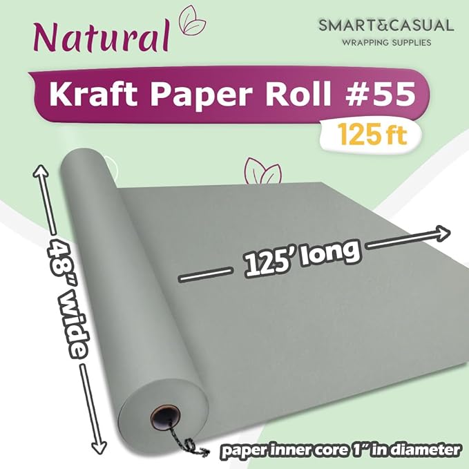 SMART&CASUAL 48" x 1,500" (125') Light Grey Kraft Craft Paper Roll for Gift Wrapping Bulletin Board Bouquet Flower Kids Art Packing Parcel Table Covering 80GSM 55LB (Light Grey, 48" x 125')