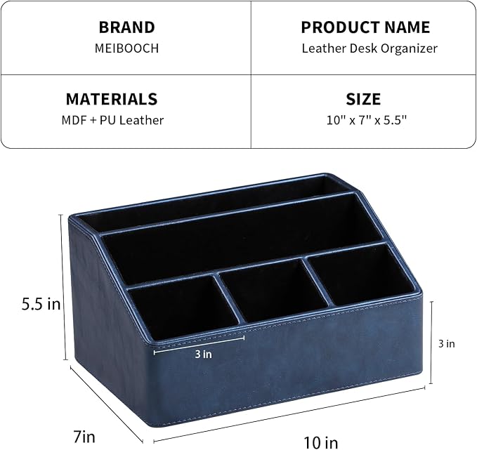 PU Leather Desk Organizer, Remote Control Holder, Dark Blue | Luxury Nightstand Organizer for Home, Office Desk Accessories, Bedside Table Caddy with 5 Compartments, Velvet Lining
