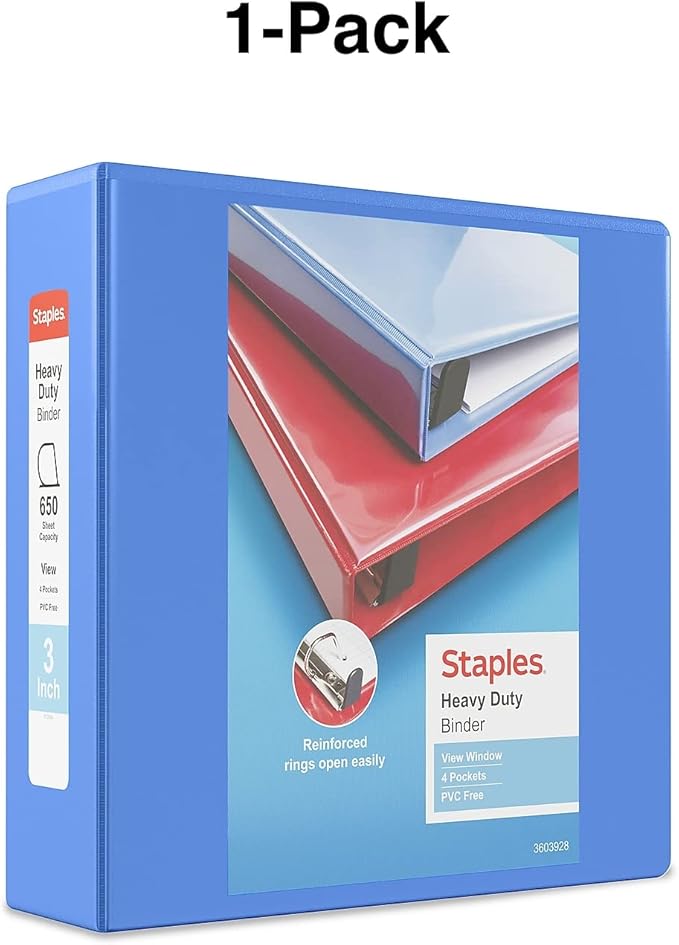 Staples Heavy-Duty 3-Inch D-Ring View Binder, Reinforced Spine, Holds Up to 600 Sheets, Periwinkle, for Office & School
