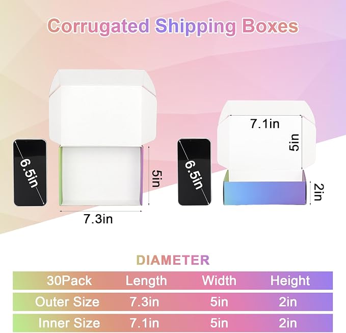 7x5x2 Shipping Boxes for Small Business, Set of 30 Small Cardboard Box, Colorful Mailing Boxes for Shipping Packing