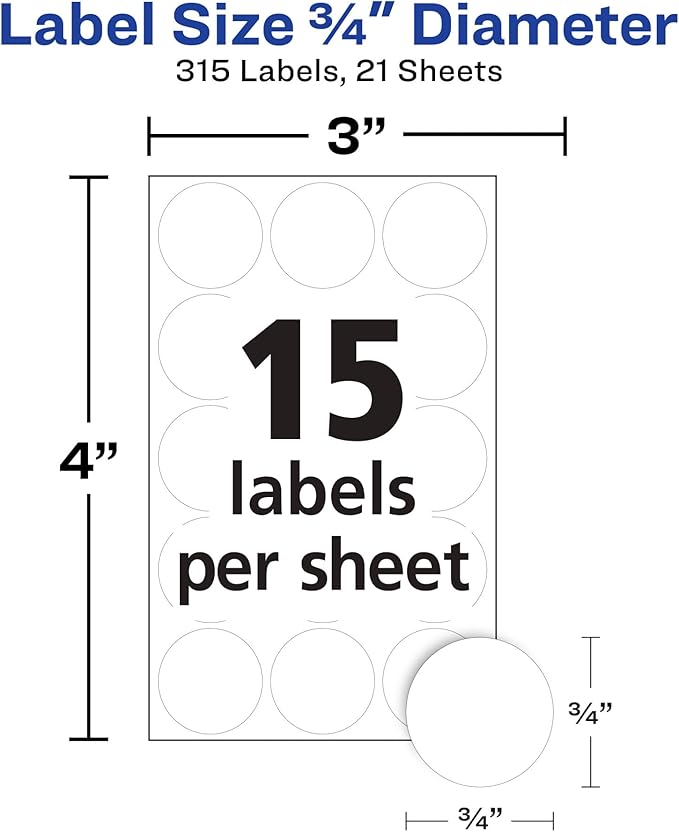 Avery Multi-Use Removable Labels, 3/4 Inch Round Stickers, White, Non-Printable, 315 Blank Labels Total (6738)