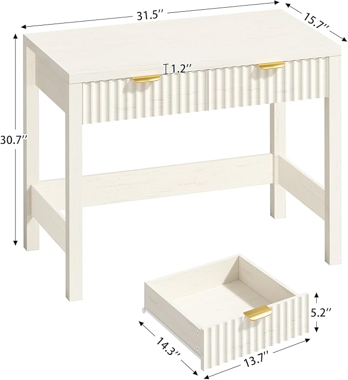 32 Inch Small Fluted Computer Desk with 2 Drawers for Bedroom, Home Office | Small Computer Desk with Storage for Bedroom, Compact Writing Study Desk for Small Spaces, White