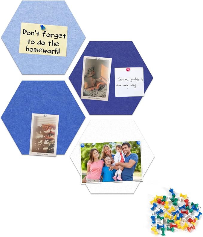4 Pack Hexagon Felt Bulletin Board Tiles - 12" Large Thick Pin Board for Walls with 30 Push Pins, DIY Boards for Office Home School Decor, Aesthetic Hex Cork Board Alternative