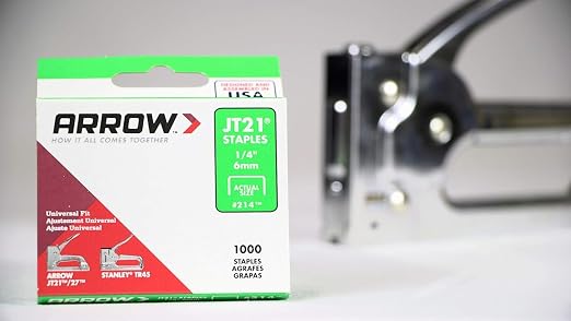 Arrow 214 JT21 Thin Wire Staples for Staple Guns and Staplers, Use for Upholstery, Crafts, General Repairs, 1/4-Inch Leg Length, 7/16-Inch Crown Width, 1000-Pack, Grey | 1/4" Leg Length, 7/16" Crown Width, Heavy-Duty Galvanized Steel, Use for Upholster...