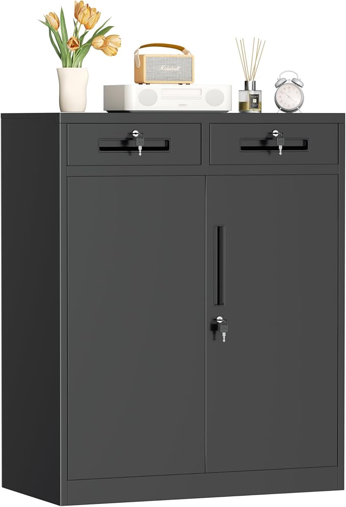 Metal Garage Storage Cabinets with Lock,Steel Storage Cabinet with Drawer and 2 Adjustable Shelves, Small Lockable Office Steel Cabinet for Home, Warehouse, School, Black