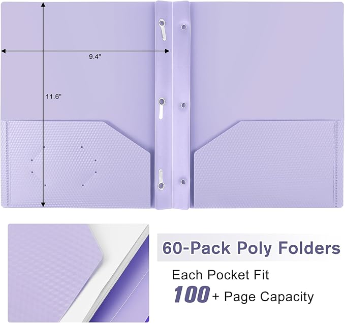 60-Pack Plastic andPockets and Prongs,2-Pocket and3 Fasteners, Pastel Folders Holds 8-1/2" x 11" Paper for School/Office/Home, Purple