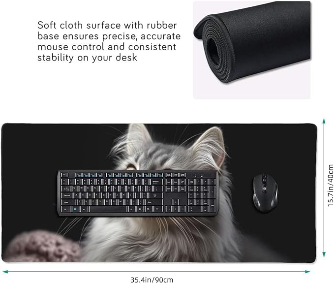 XXL Gaming Mouse Pad 35.4x15.7 Inch, Large Extended Desk Mat | Mousepad with Cat Design, Non-Slip Rubber Base, Water-Resistant Surface and Stitched Edges for Gaming, Office & Home
