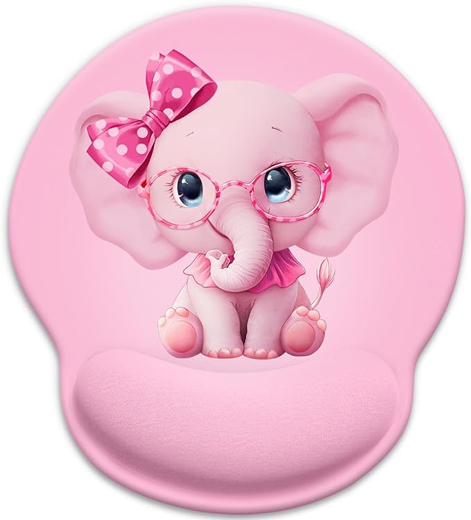 Ergonomic Mouse Pad with Gel Wrist Rest, Non-Slip PU Base & Cute Pink Elephant Design for Comfortable Office, Gaming, Home Use - Valentine's Gift for Her