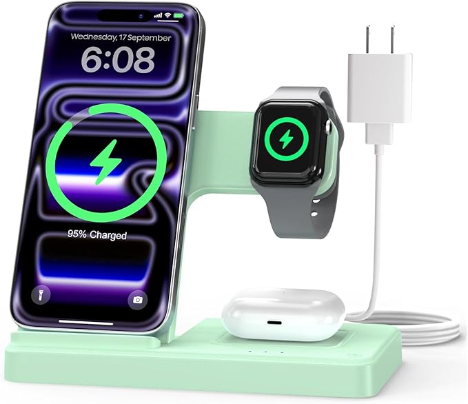 GETPALS Wireless Charger iPhone Charging Station for Apple Multiple Devices | 3 in 1 Charger Stand for iPhone 17 Pro Max 17e 16 16e 15 14 13 12 & Watch Series 11-2 SE Ultra & Airpods 4 3 Pro, Light Green